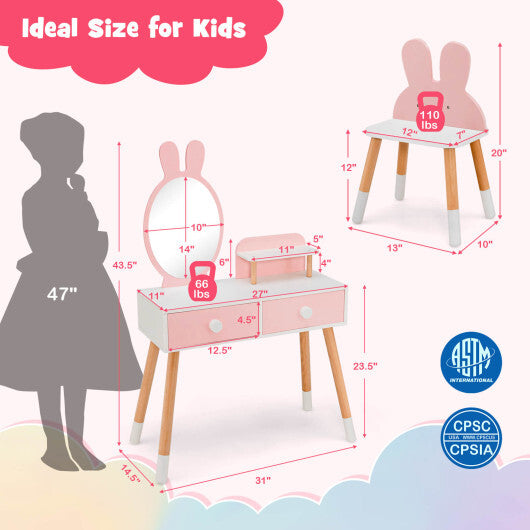 Kids Vanity Table and Chair Set with Drawer Shelf and Rabbit Mirror-Pink