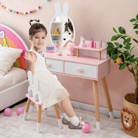 Kids Vanity Table and Chair Set with Drawer Shelf and Rabbit Mirror-Pink