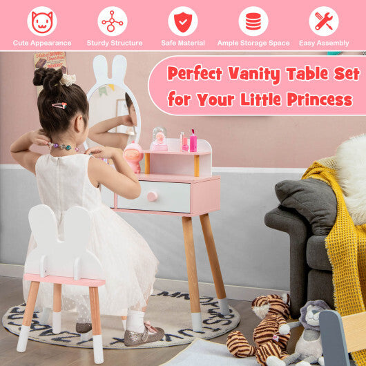 Kids Vanity Table and Chair Set with Drawer Shelf and Rabbit Mirror-Pink