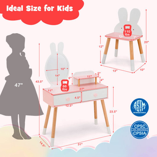 Kids Vanity Table and Chair Set with Drawer Shelf and Rabbit Mirror-Pink