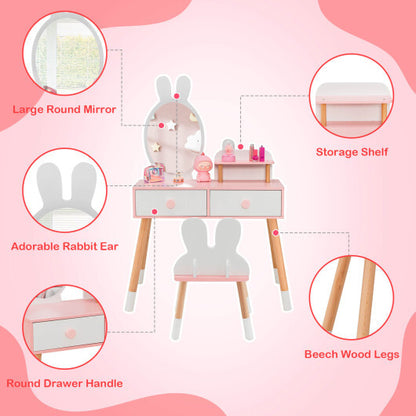 Kids Vanity Table and Chair Set with Drawer Shelf and Rabbit Mirror-Pink