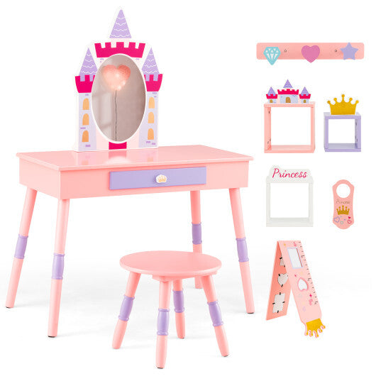 Kids Princess Vanity Table and Stool Set with Drawer and Mirror-Pink