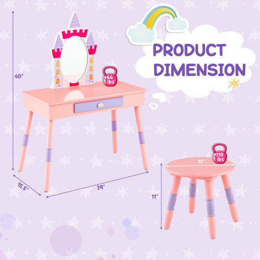 Kids Princess Vanity Table and Stool Set with Drawer and Mirror-Pink