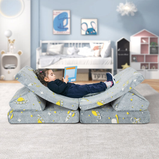 6 PCS Kids Play Couch with 4 Base Cushions and 2 Backrest Cushions-Gray - Color: Gray