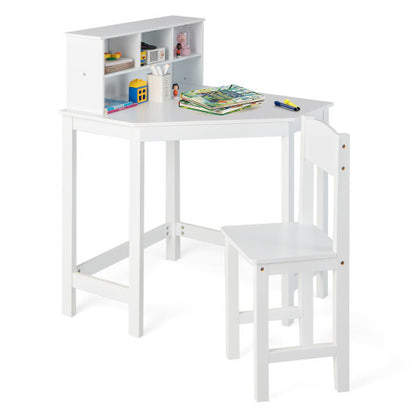 Kids Wooden Corner Desk and Chair Set with Hutch and Storage-White