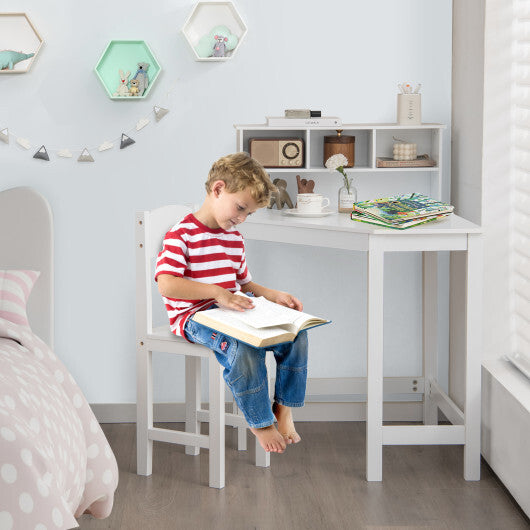 Kids Wooden Corner Desk and Chair Set with Hutch and Storage-White