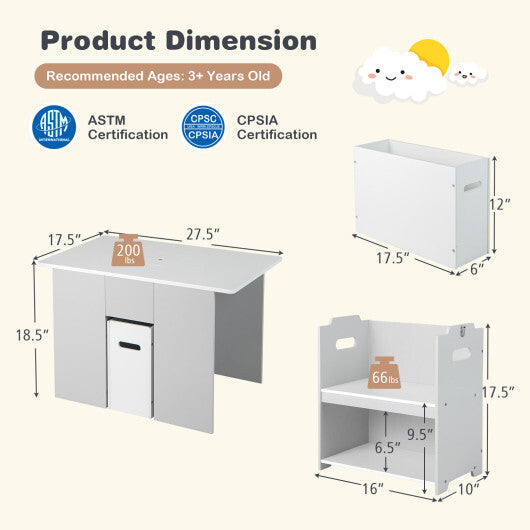 4-in-1 Kids Table and Chairs with Multiple Storage for Learning-Gray