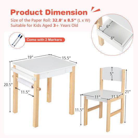 Kids Art Table and Chair Set with Drawer Paper Roll and 2 Markers-White