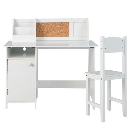 Wooden Kids Study Desk and Chair Set with Storage Cabinet and Bulletin Board-White