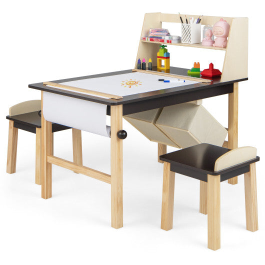 Kids Art Table and Chairs Set with Paper Roll and Storage Bins-Coffee