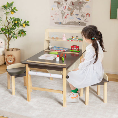 Kids Art Table and Chairs Set with Paper Roll and Storage Bins-Coffee