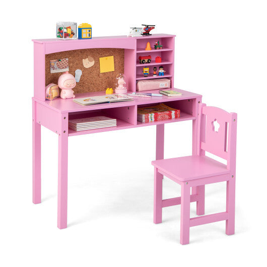 Kids Desk and Chair Set with Hutch and Bulletin Board for 3+ Kids-Pink