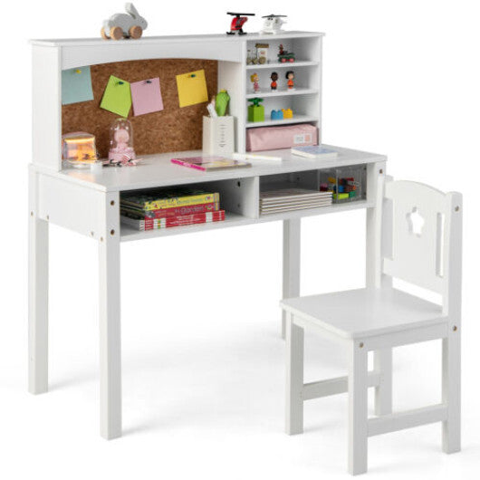 Kids Desk and Chair Set with Hutch and Bulletin Board for 3+ Kids-White - Color: White