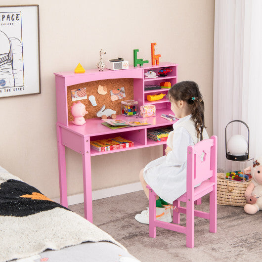 Kids Desk and Chair Set with Hutch and Bulletin Board for 3+ Kids-Pink