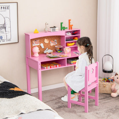 Kids Desk and Chair Set with Hutch and Bulletin Board for 3+ Kids-Pink