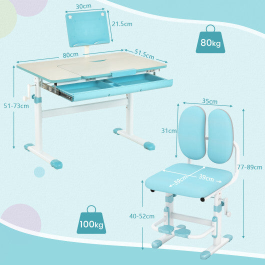 Height-Adjustable Kid's Study Desk and Chair Set-Blue