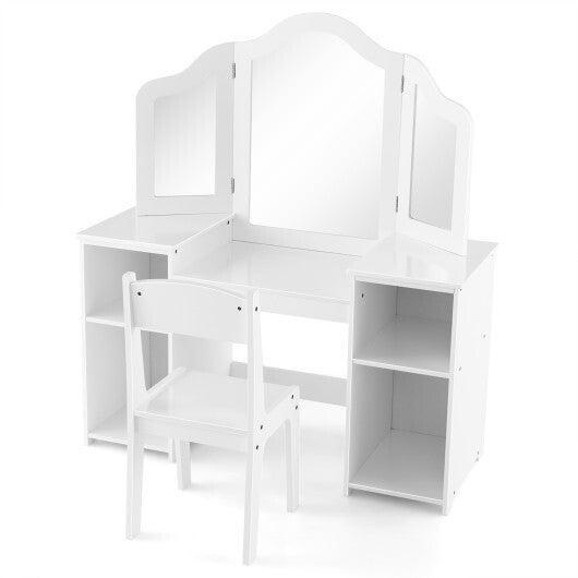 Kids Vanity Table and Chair Set with Removable Tri-Folding Mirror-White