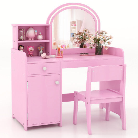 Kids Vanity Table and Chair Set with Shelves Drawer and Cabinet-Pink - Color: Pink