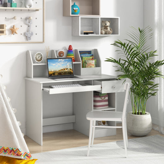 Kids Study Desk Children Writing Table with Hutch Drawer Shelves and Keyboard Tray-White