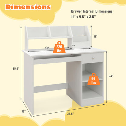 Kids Study Desk Children Writing Table with Hutch Drawer Shelves and Keyboard Tray-White