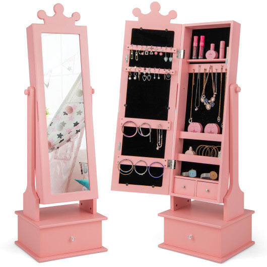 2-in-1 Kids Play Jewelry Armoire with Full Length Mirror and Drawers-Pink - Color: Pink