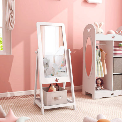 Kids Full Length Wooden Standing Mirror with Bottom Shelf and Foldable Storage Bin-White