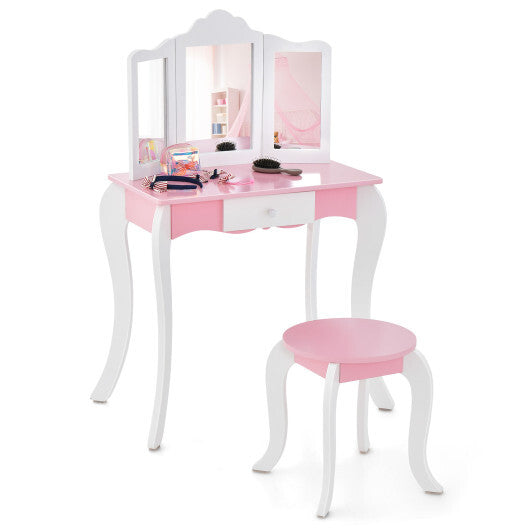 Kid's Wooden Vanity Table and Stool Set  with 3-Panel Acrylic Mirror-White