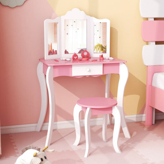 Kid's Wooden Vanity Table and Stool Set  with 3-Panel Acrylic Mirror-White