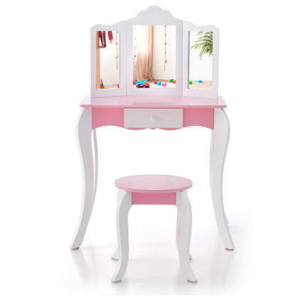 Kid's Wooden Vanity Table and Stool Set  with 3-Panel Acrylic Mirror-White