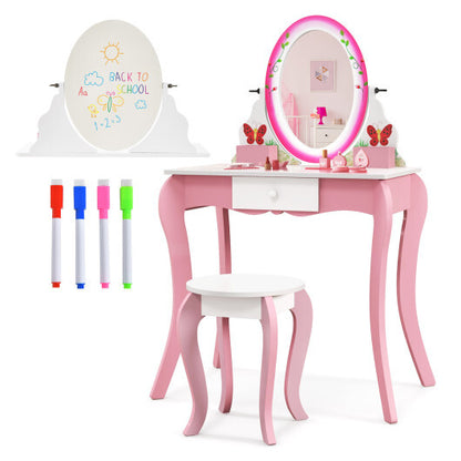 Kids Vanity Table and Stool Set with 360? Rotating Mirror and Whiteboard-Pink