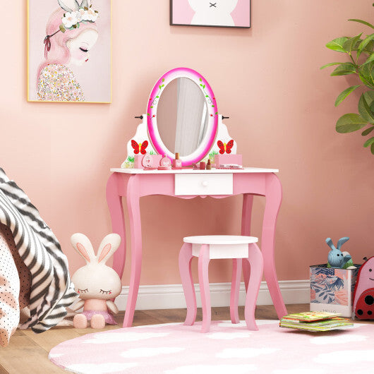 Kids Vanity Table and Stool Set with 360? Rotating Mirror and Whiteboard-Pink - Color: Pink