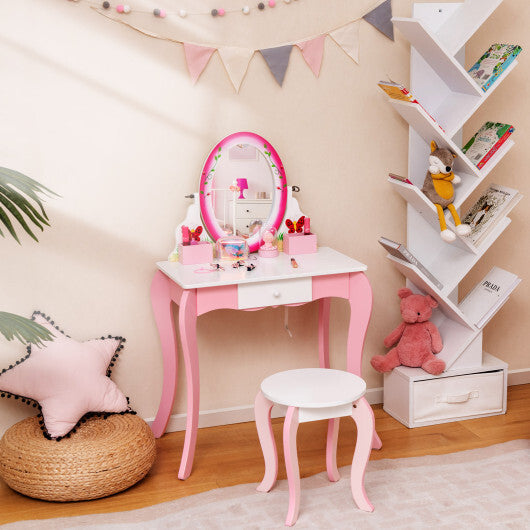 Kids Vanity Table and Stool Set with 360? Rotating Mirror and Whiteboard-Pink - Color: Pink