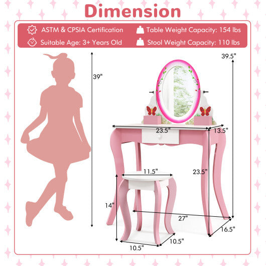 Kids Vanity Table and Stool Set with 360? Rotating Mirror and Whiteboard-Pink - Color: Pink