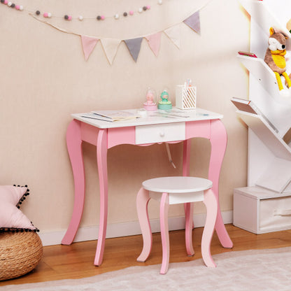 Kids Vanity Table and Stool Set with 360? Rotating Mirror and Whiteboard-Pink - Color: Pink