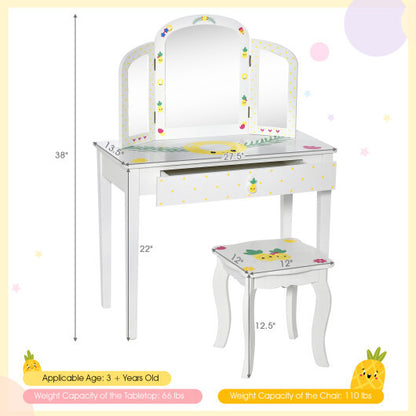 Kids Vanity Table Set with Tri-Folding Mirror and Large Drawer-White