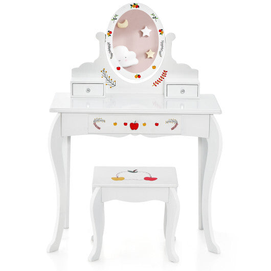 Kids Vanity and Stool Set with 360? Rotatable Mirror and Whiteboard-White