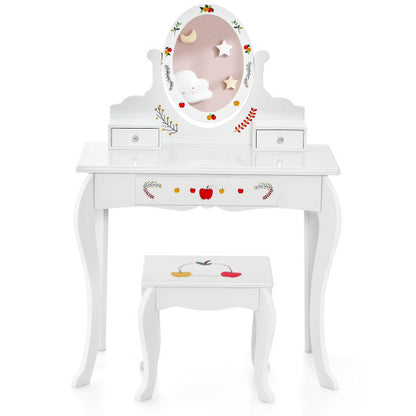 Kids Vanity and Stool Set with 360? Rotatable Mirror and Whiteboard-White