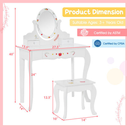 Kids Vanity and Stool Set with 360? Rotatable Mirror and Whiteboard-White