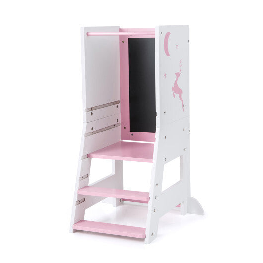 Toddler Kitchen Stool Helper Baby Standing Tower with Chalkboard and Whiteboard-Pink - Color: Pink