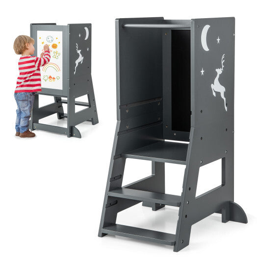 Toddler Kitchen Stool Helper Baby Standing Tower with Chalkboard and Whiteboard-Gray