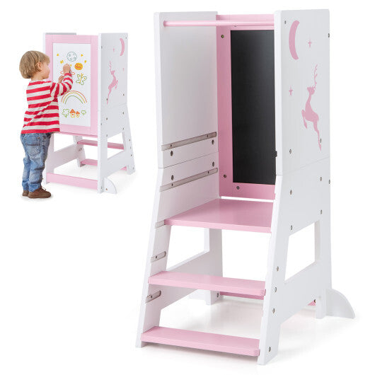 Toddler Kitchen Stool Helper Baby Standing Tower with Chalkboard and Whiteboard-Gray