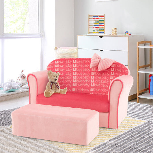 Ultra Soft Velvet Kids Sofa Chair Toddler Couch with Ottoman-Pink - Color: Pink