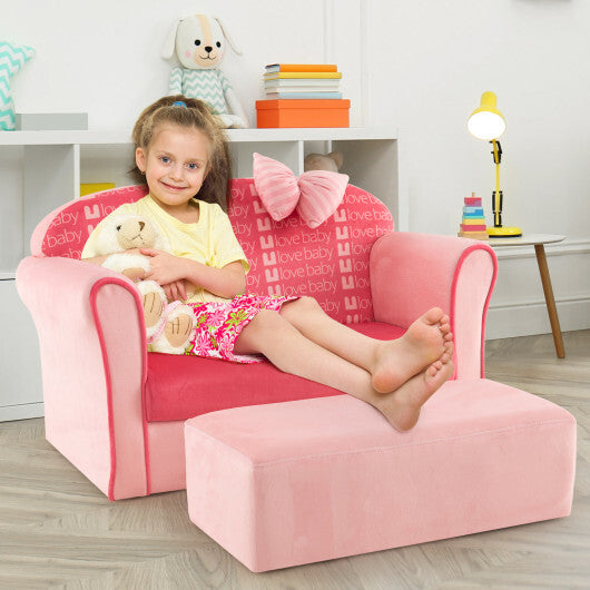 Ultra Soft Velvet Kids Sofa Chair Toddler Couch with Ottoman-Pink - Color: Pink