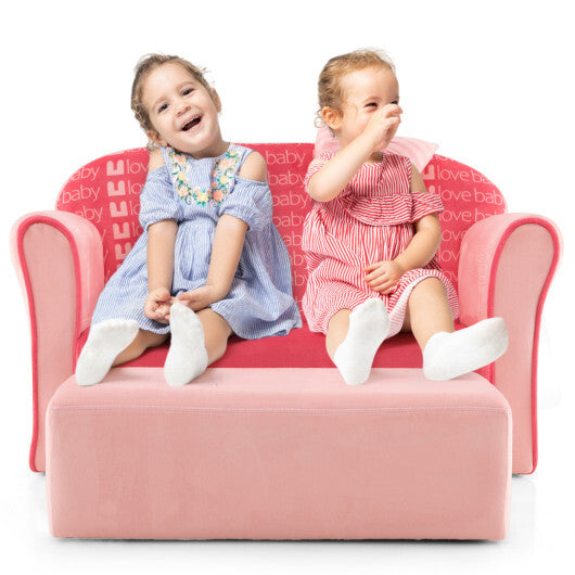 Ultra Soft Velvet Kids Sofa Chair Toddler Couch with Ottoman-Pink - Color: Pink