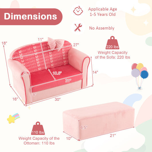 Ultra Soft Velvet Kids Sofa Chair Toddler Couch with Ottoman-Pink - Color: Pink