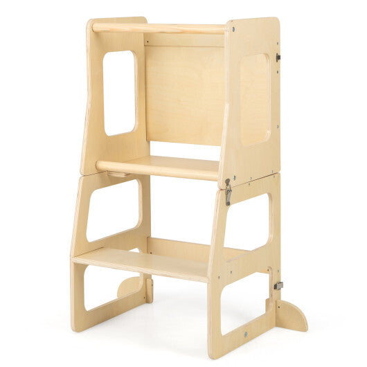 3-in-1 Foldable Kitchen Standing Tower for Toddlers with Chalkboard-Natural - Color: Natural