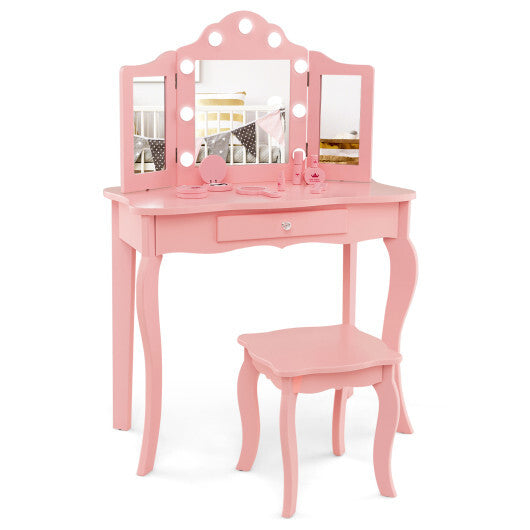 Kid Vanity Table Stool Set with Tri-Folding Mirror and 3-Color LED Lights-Pink