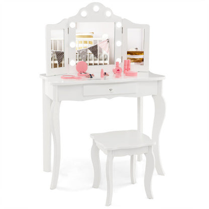 Kid Vanity Table Stool Set with Tri-Folding Mirror and 3-Color LED Lights-Pink