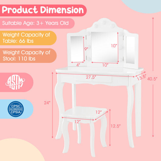 Kid Vanity Table Stool Set with Tri-Folding Mirror and 3-Color LED Lights-Pink