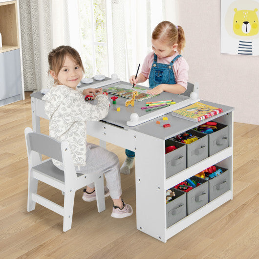 2-in-1 Kids Wooden Art Table and Art Easel Set with Chairs Storage Bins Paper Roll-Gray